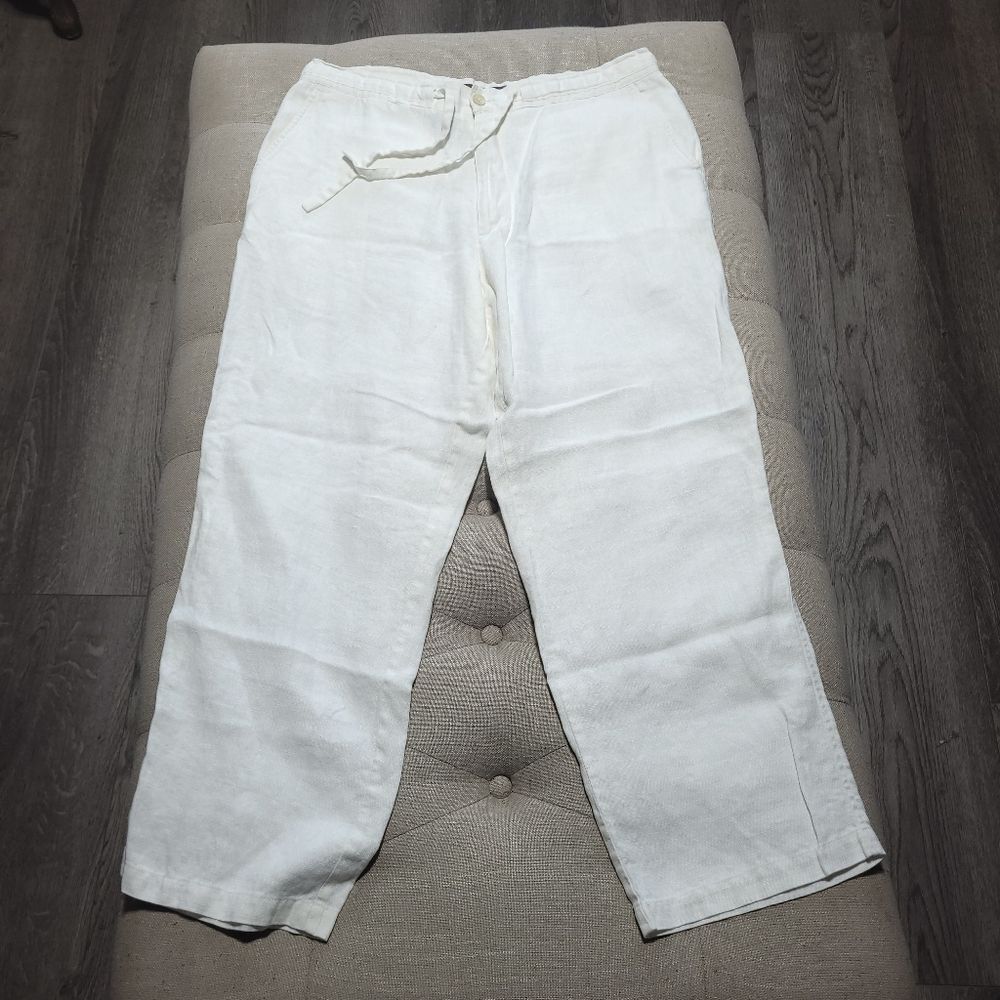 Tasso Elba 100% Linen Drawstring Waist Cream Wide Leg Pants Womens Large